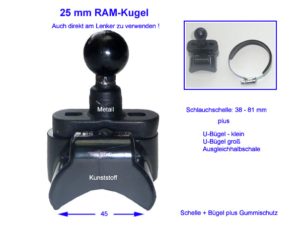 RAM-Mount - Kugel mit Schlauchschelle + 2 Bügel